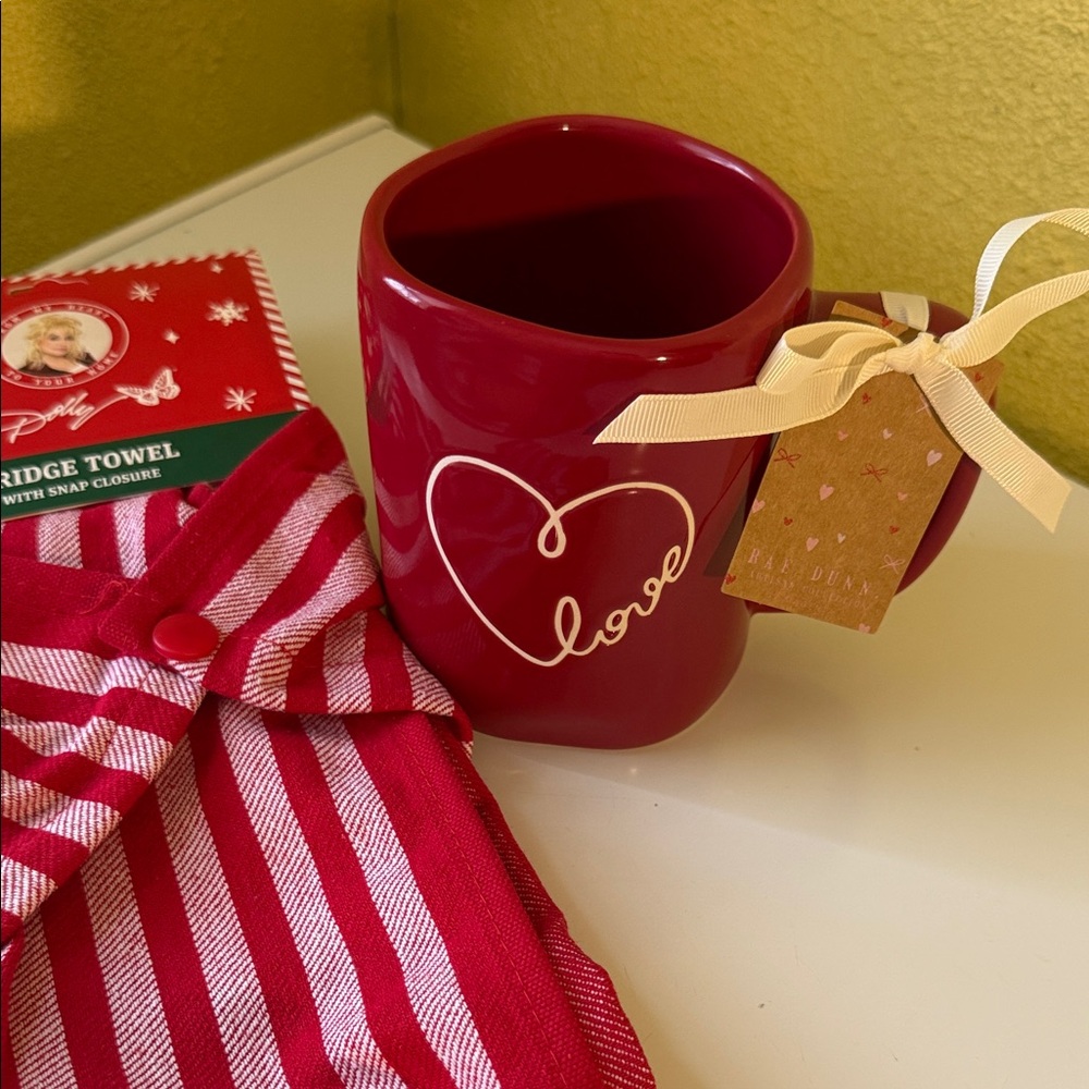 Rae Dunn Heart Mug and Dolly Parton Fridge Towel